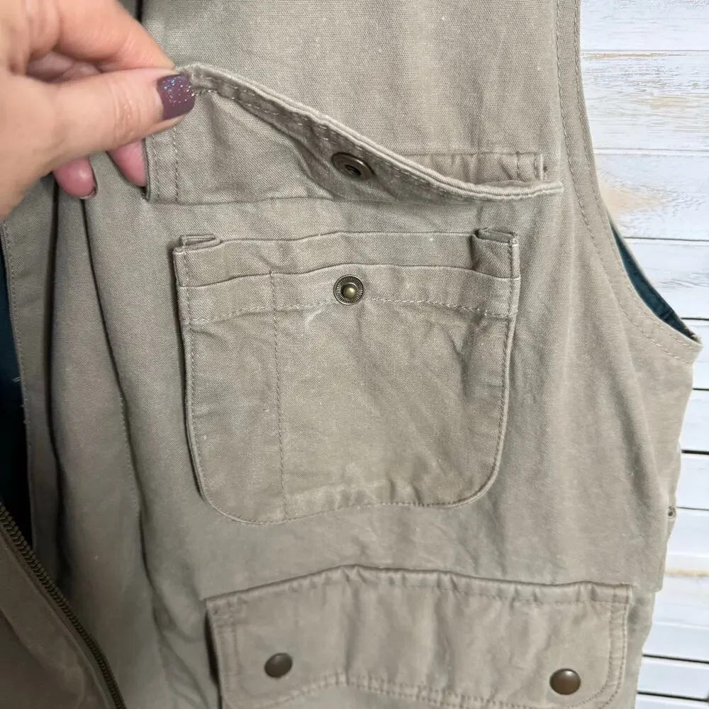 VTG EDDIE BAUER Men's L Quilted Canvas Goose Down Utility Vest Outdoor Tan